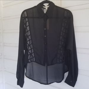 NWT Button Up Black Sheer Blouse Top Large
